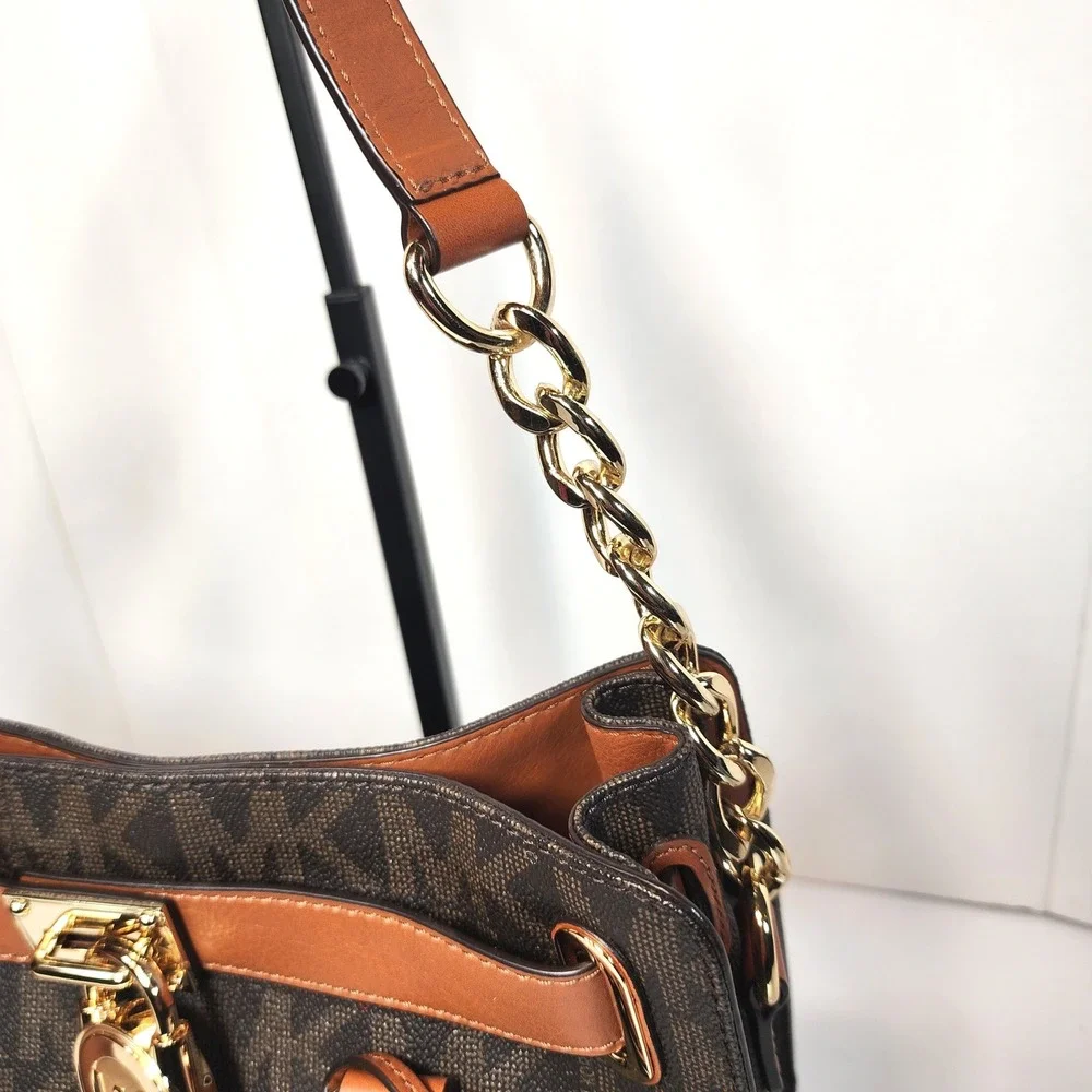Michael Kors Hamilton Satchel Brown Monogram Canvas Tan Leather Gold Padlock Bag
